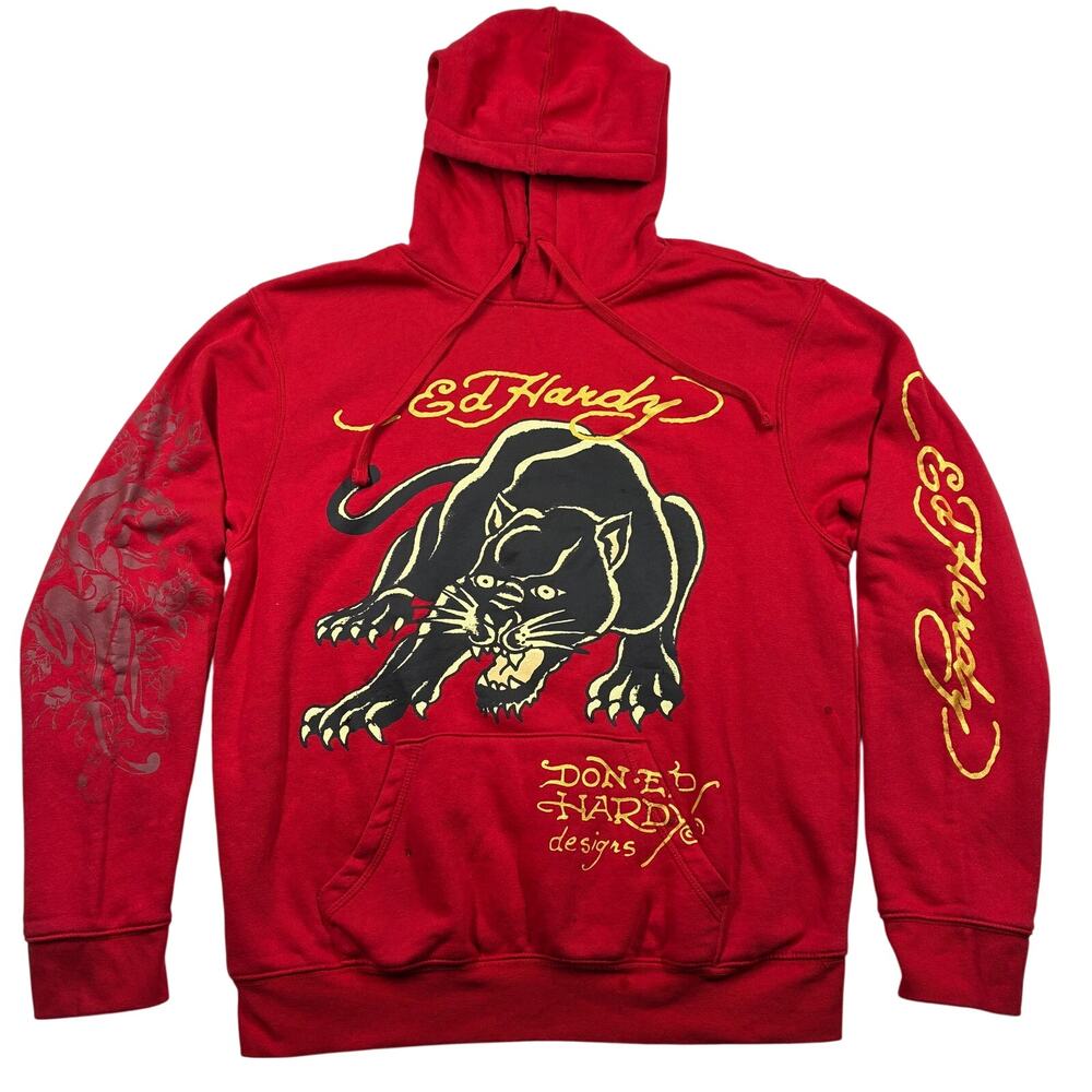 Ed Hardy Hoodie Large Red Black Panther Tattoo Oversized Streetwear Sweatshirt